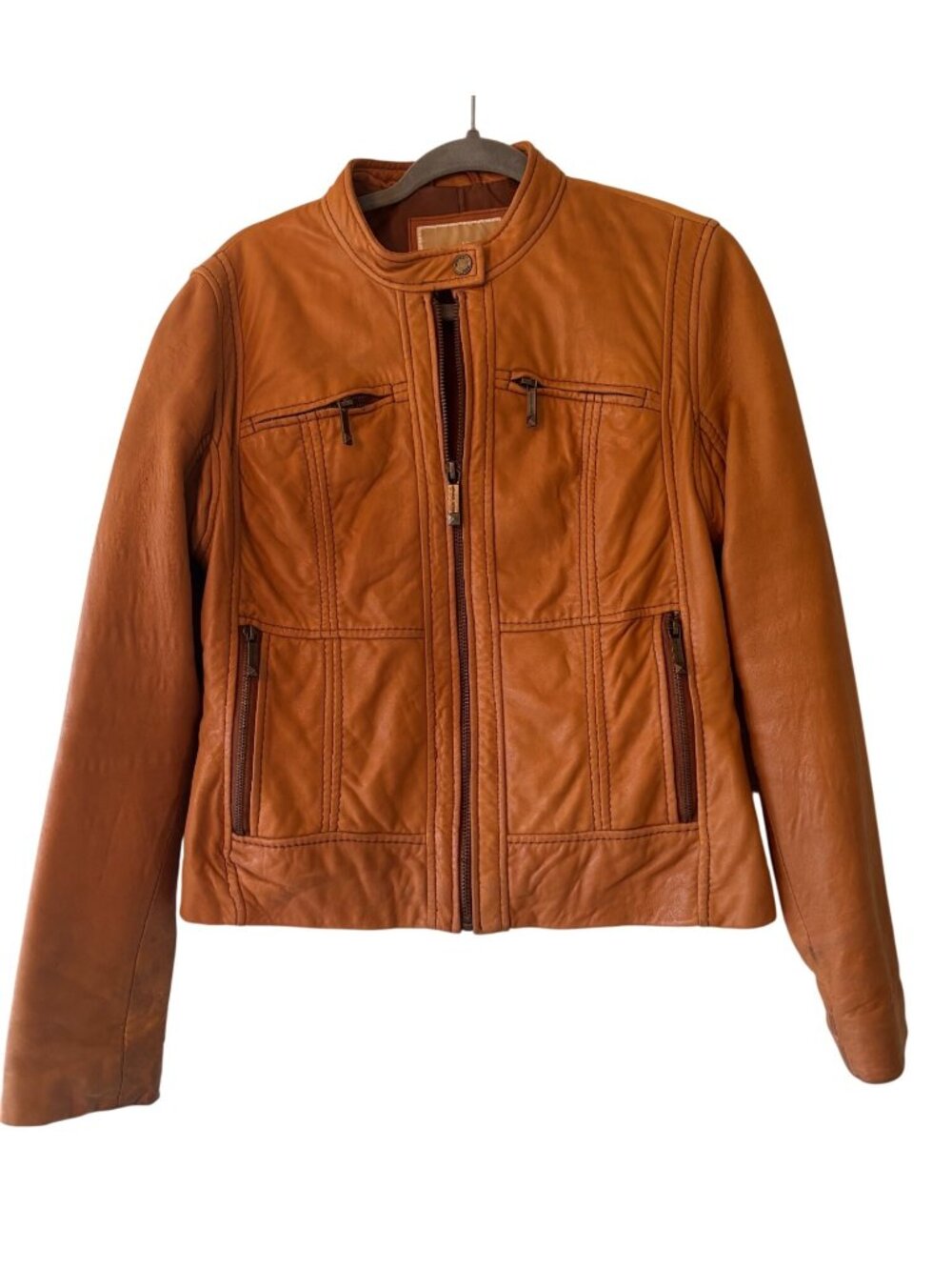 Michael Kors Camel Tan  Genuine Leather Racer Moto Jacket Zippered Pockets M